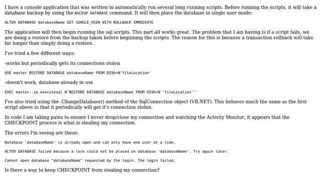 Databases: CHECKPOINT stealing connection in SINGLE_USER mode смотреть онлайн