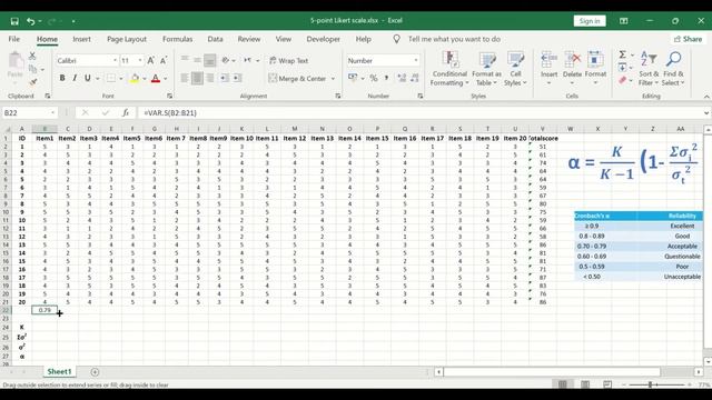5 point Likert scale Questionnaire survey Reliability test in Excel using Cronbach's alpha equation смотреть онлайн