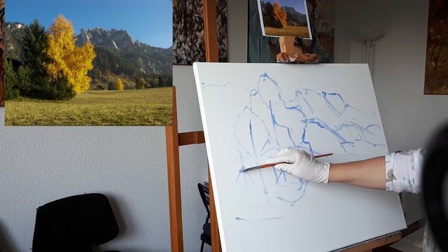 Мастер-класс: Этюд "Осень в горах Лихтенштейна". Часть 1 - подготовительный рисунок акрилом. смотреть онлайн