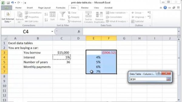 Excel data tables