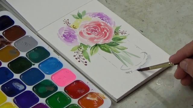 Drawing in a vase with watercolors / using a gel pen/Рисуем цветы в вазе акварельными красками смотреть онлайн