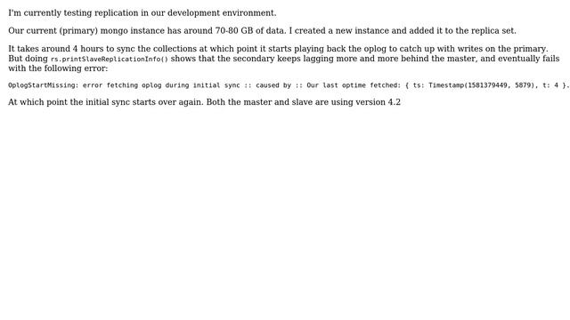 Databases: MongoDB Replication initial sync fails with OplogStartMissing смотреть онлайн