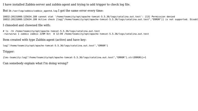 Unix & Linux: Zabbix-agent: cannot stat 'filename.log': [13] Permission denied смотреть онлайн