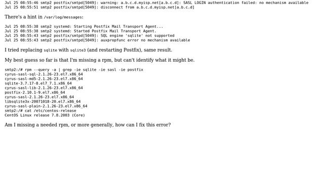 DevOps & SysAdmins: Postfix + SASL SQLite gives auxprop error on CentOS 7 смотреть онлайн