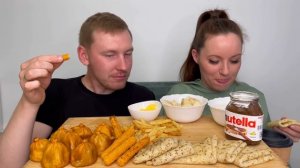 МУКБАНГ ЖАРЕНЫЕ ХИНКАЛИ НАГГЕТСЫ БЛИНЫ НУТЕЛЛА MUKBANG FRIED KHINKALI NUGGETS PANCAKES NUTELLA