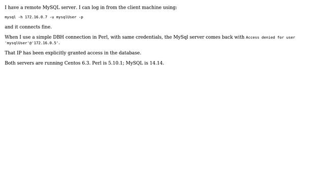 MySQL creds accepted from CLI but not from Perl DBI смотреть онлайн
