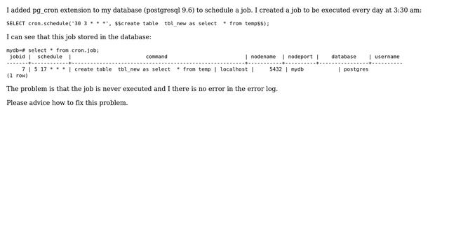 Databases: Postgresql pg_cron job never executed смотреть онлайн