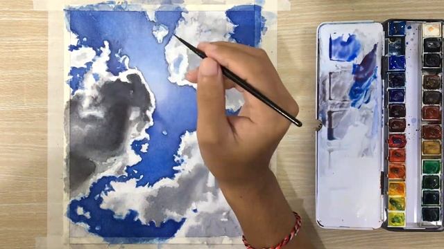 Watercolor Painting of Blue Sky with Clouds смотреть онлайн