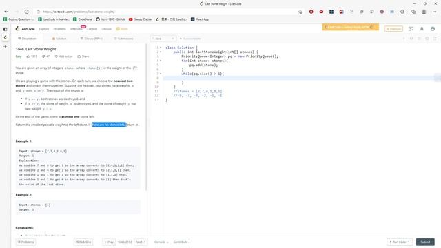 LeetCode 1046 | Last Stone Weight | PriorityQueue | Java смотреть онлайн