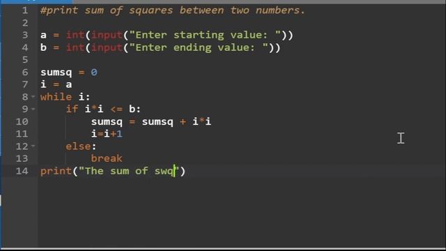 Write a program in python that calculate the sum of square numbers between two number range. смотреть онлайн