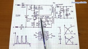 Подробное объяснение работы схемы импульсного блока питания (зарядки телефона) на одном транзисторе