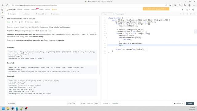 LeetCode 599 | Minimum Index Sum of Two Lists | HashMap | Debug | Java смотреть онлайн