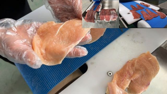 Машина для нарезки слайсом куринного филе, филе мяса, рыбы и кальмара 0,6 мм | Vega Meat Hor Slicer смотреть онлайн