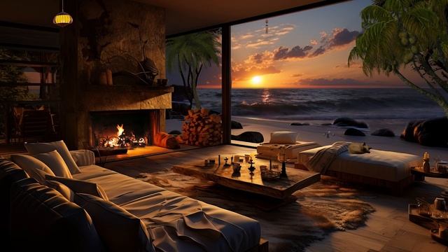 Cozy Beach House | Relaxing Fireplace & Sound Of Ocean Waves For Deep Sleep | Sunset Ambience