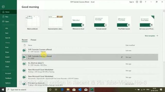 Right click option in Recent Pin Tabs Ms office Excel - Video No 8 смотреть онлайн