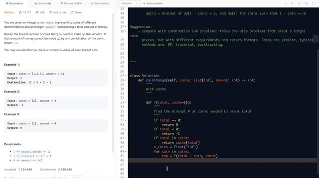 Leetcode 322. Coin Change - practice of DP with or without cache смотреть онлайн