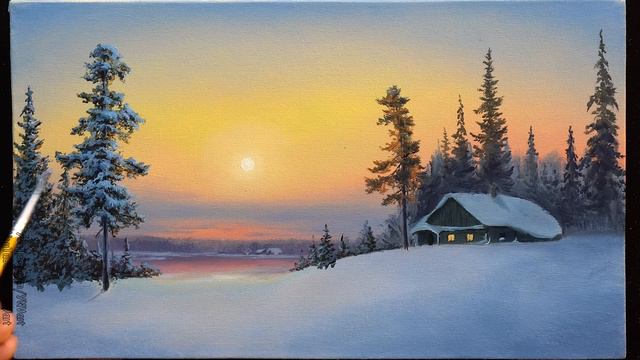 👍 Acrylic Landscape Painting - Winter Sunset / Easy Art / Drawing Lessons / Satisfying Relaxing