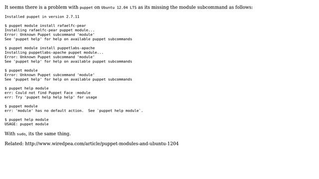 Error: Unknown Puppet subcommand 'module' (3 Solutions!!) смотреть онлайн