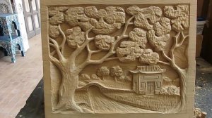 Резьба по дереву - ландшафт в азиатском стиле