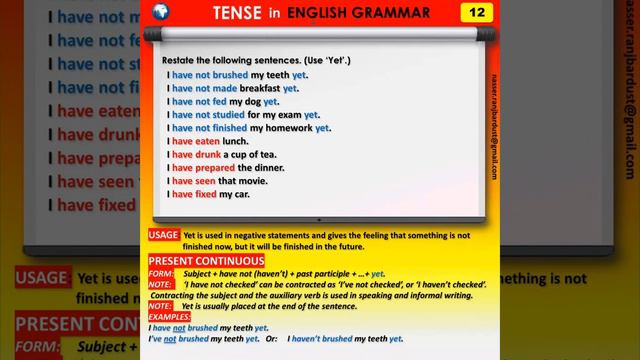 12 English Grammar, TENSE, Present Perfect, Yet in negative statements смотреть онлайн