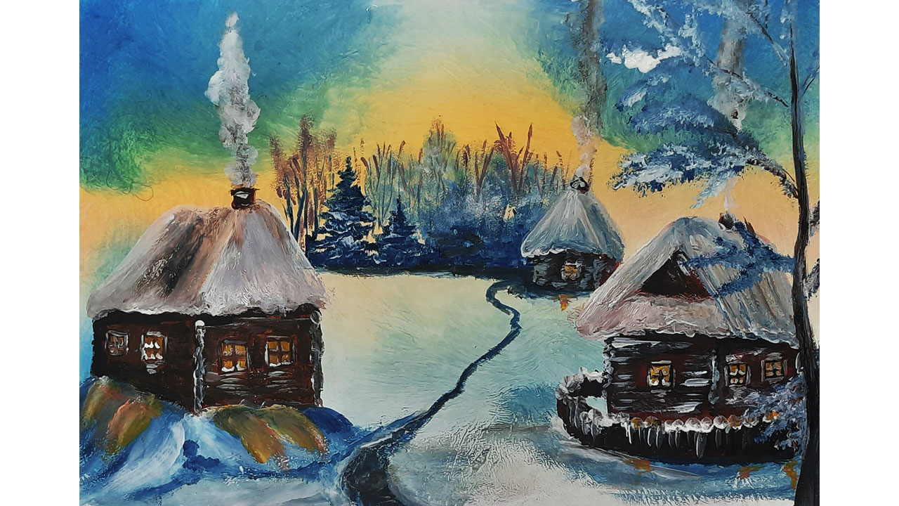 Как нарисовать деревню. Зимний пейзаж. Ночь перед рождеством, морозное утро. смотреть онлайн