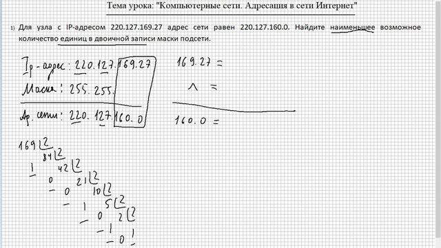 Решение задачи №1 "Нахождение наименьшего количества маски подсети" смотреть онлайн