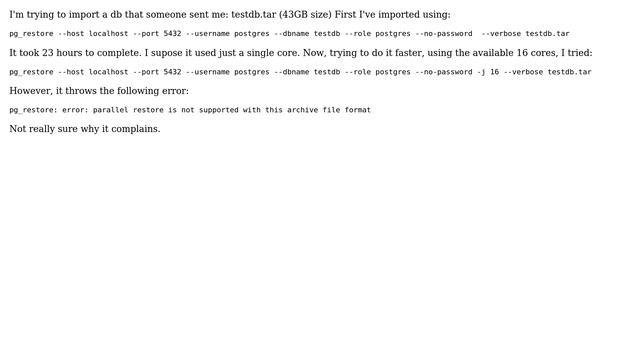 Databases: importing postgres tar file throws parallel not supported in postgres 12 (2 Solutions!!) смотреть онлайн