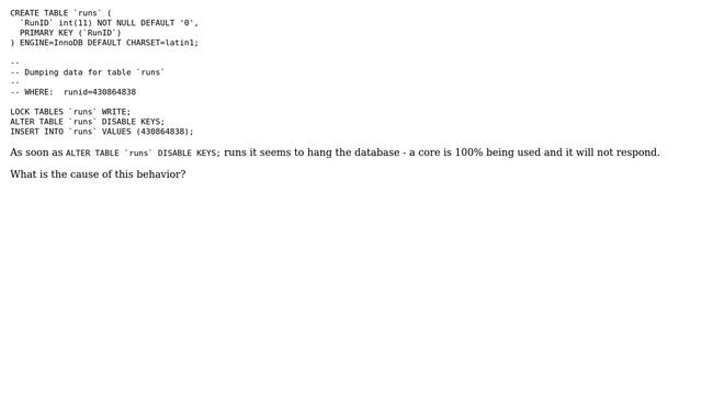 Locking a table and disabling the indexes hangs mysql - 100% CPU смотреть онлайн