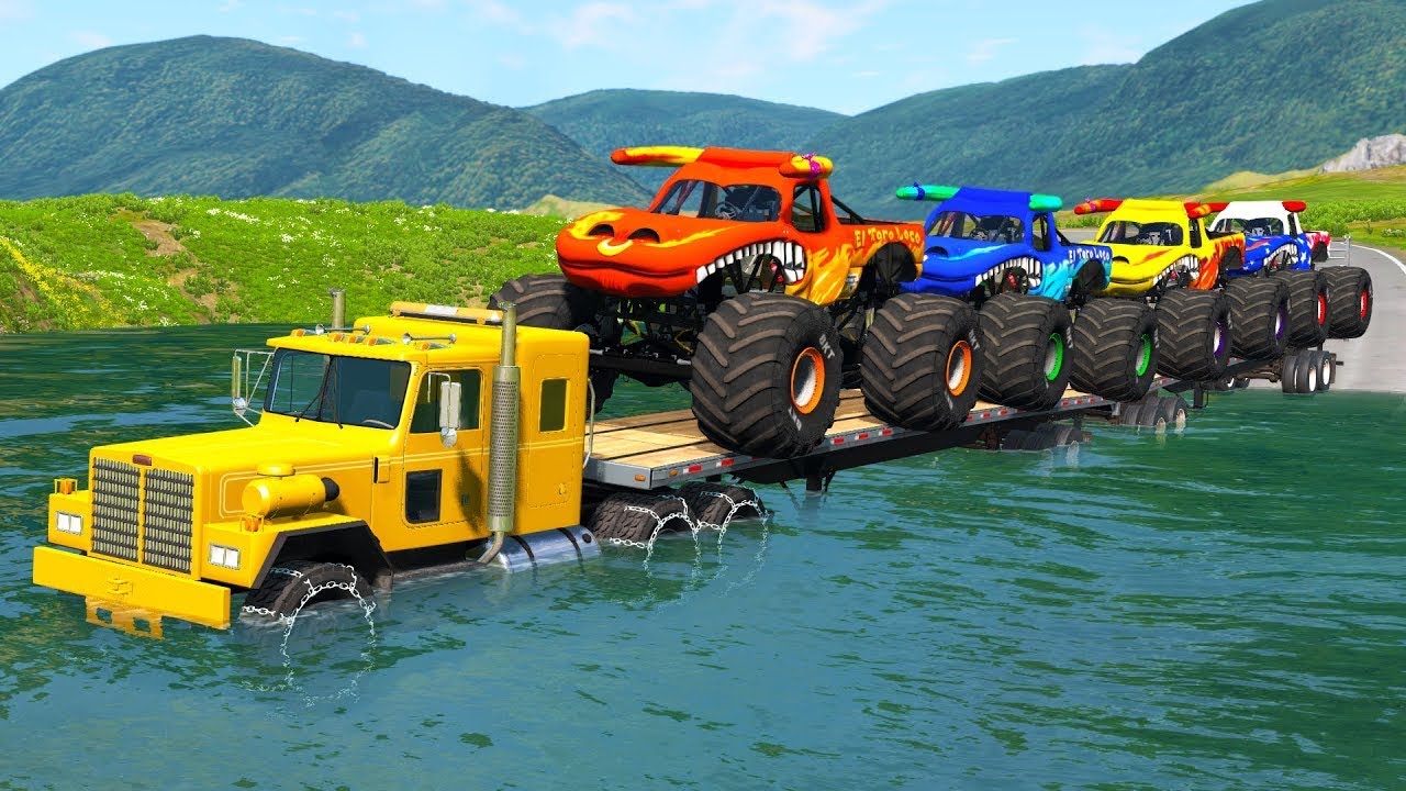 Double Flatbed Trailer Truck vs Speedbumps Train vs Cars vs Lawa Beamng.Drive BeamNG Flatbed смотреть онлайн