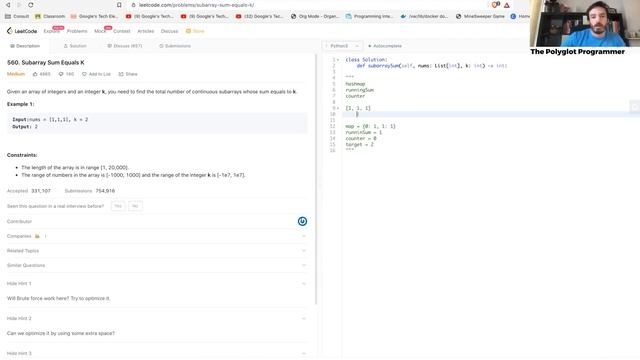 Leetcode - 560 - Subarray Sum Equals K - Python смотреть онлайн