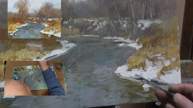 Зимний пейзаж маслом. Рисуем пошагово первый снег, часть 2 смотреть онлайн