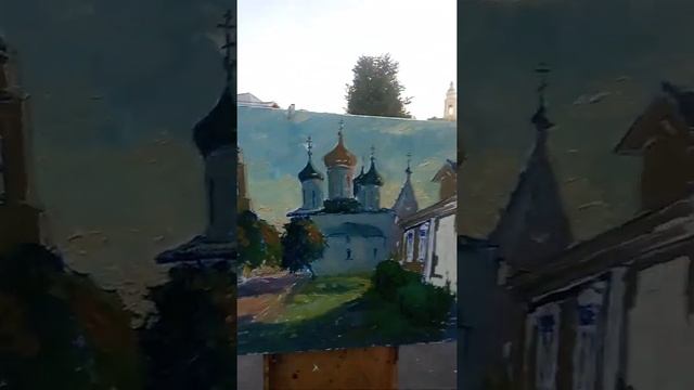 Картина, живопись маслом в Коломенском кремле. Вид на Успенский собор и Никольскую церковь. Художни смотреть онлайн