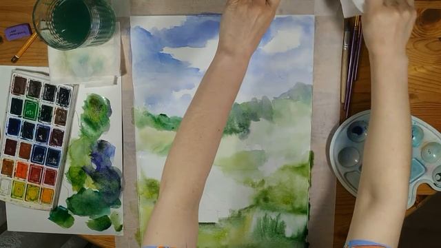 Рисуем пейзаж акварелью. Нежный летний пейзаж. смотреть онлайн