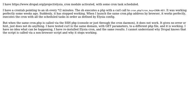 Drupal: Cron not working when called from SSH php curl - Elysia cron module activated смотреть онлайн