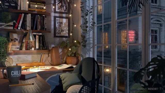 Study Desk by the window with street view at NIGHT full glass windows and gentle rain смотреть онлайн