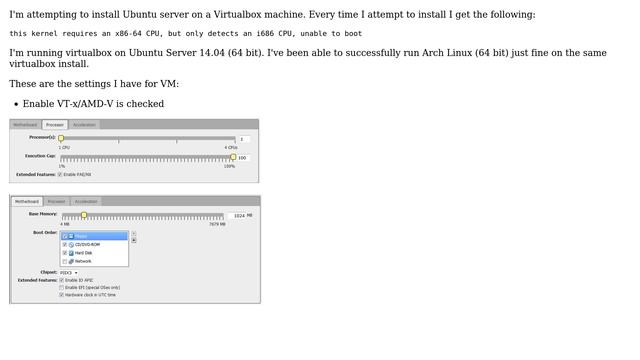 Virtualbox - this kernel requires an x86-64 CPU, but only detects an i686 CPU, unable to boot смотреть онлайн