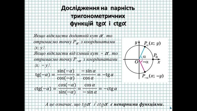 Парні та непарні тригонометричні функції. Дослідження на парність функцій sin, cos, tg, ctg смотреть онлайн
