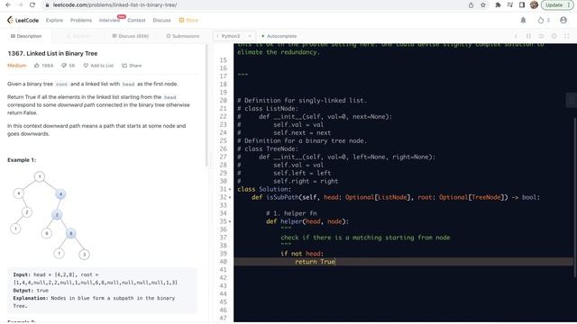 Leetcode 1367. Linked List in Binary Tree - path matching check, binary tree traversal смотреть онлайн