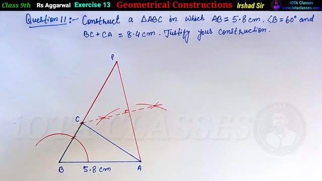 Construct a triangle abc in which bc=5.8cm angle b=60 degree and bc+ca=8cm | Construction class 9 смотреть онлайн