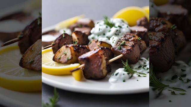 Греческие шашлычки из говядины с соусом цацики и жареным картофелем с лимонной зеленью смотреть онлайн