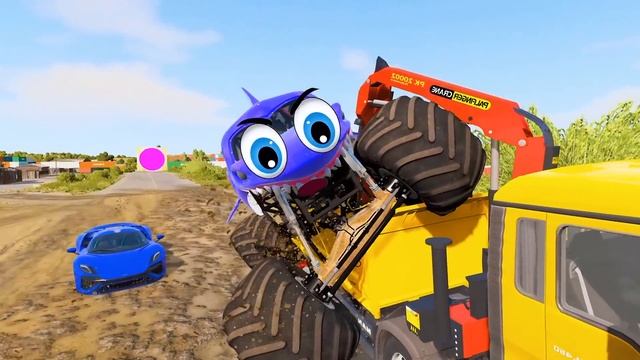 Bus Monster Truck Potholes Flatbed Long Trailer Truck Car Rescue Train - Cars vs Deep Water - BeamN смотреть онлайн
