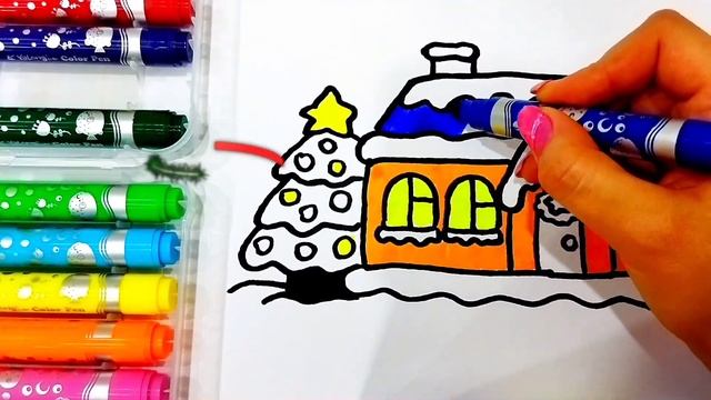 Как нарисовать новогодний домик с ёлкой. Рисуем и раскрашиваем блёстками, шаг за шагом смотреть онлайн