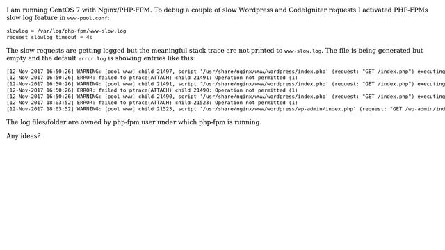 PHP-FPM Slow Log ERROR: failed to ptrace(ATTACH) child: Operation not permitted (1) смотреть онлайн