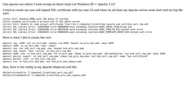 Self signed Apache cert error: asn1 encoding routines:ASN1_CHECK_TLEN:wrong tag смотреть онлайн