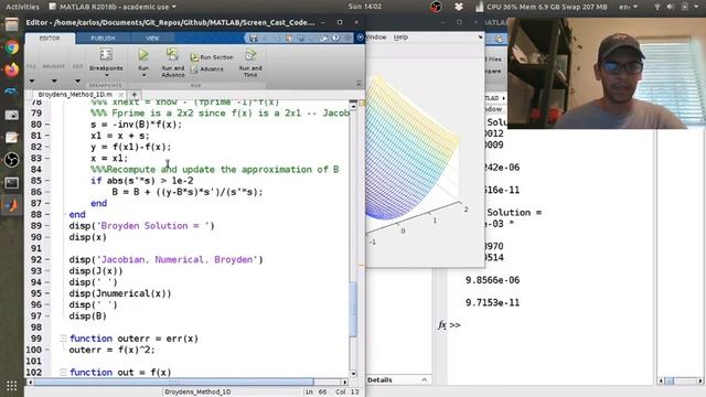 Broyden's Method for a vector function f([x1;x2]) = scalar смотреть онлайн