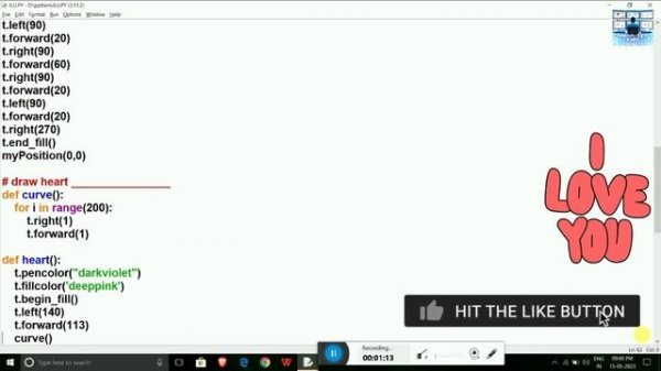 I Love you in Program in Python | How to make heart in Python Programming | Python Turtle Graphics
