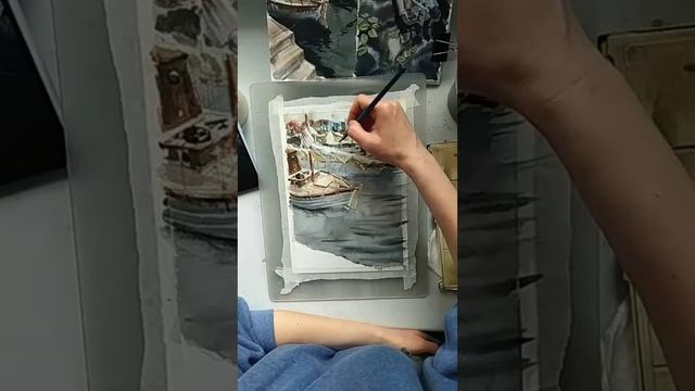 Как рисовать - Пасмурный день. Лодки. #watercolorart #seaart #watercolorboat смотреть онлайн