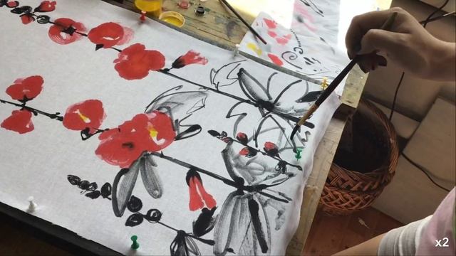 Cold batik. Free painting. Flowers on cotton. смотреть онлайн