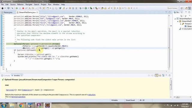 How to find the oldest male person using max method of Java 8 Stream? | Streams in Java 8 смотреть онлайн