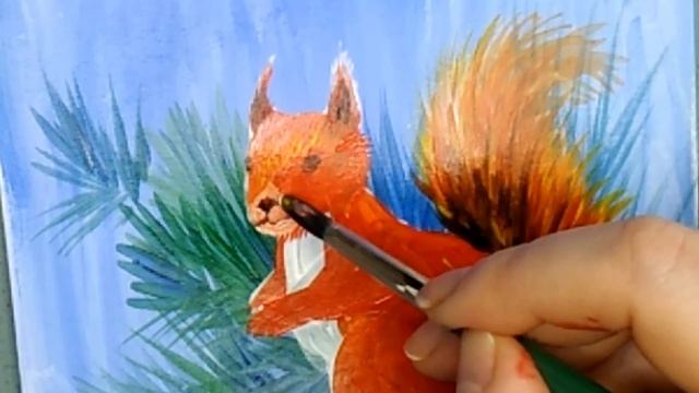Рисунок белочки на ёлке поэтапно. Рисунок акриловыми красками. Зимняя открытка своими руками. ???? смотреть онлайн